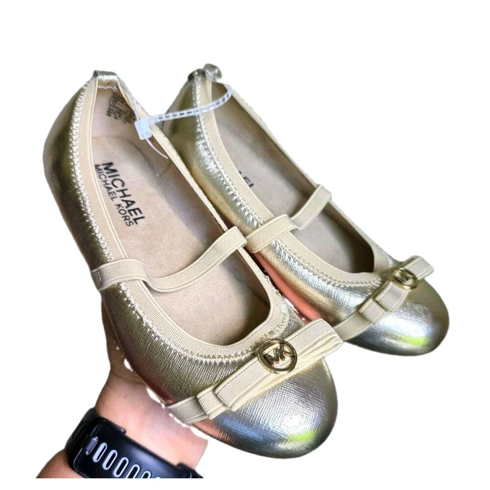 NWOT Michael Kors Gold Rover Lux Strap Ballerina Flats Mary Jane Girls Size 12